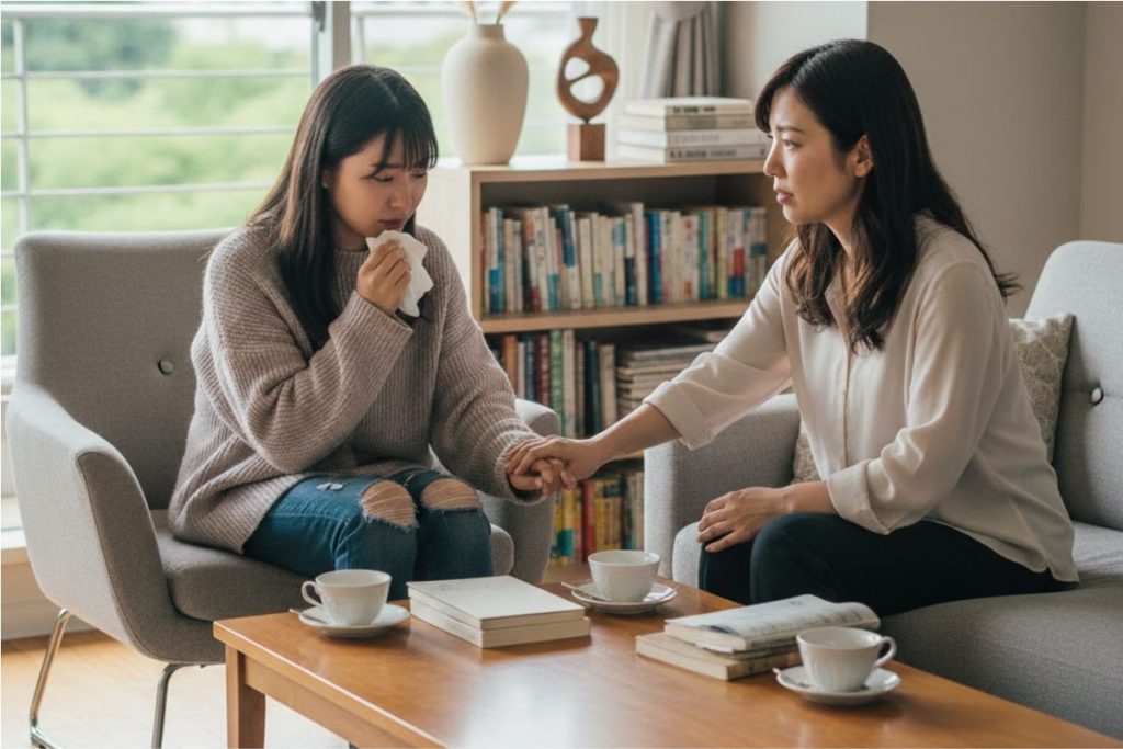 母親が娘を励ましている