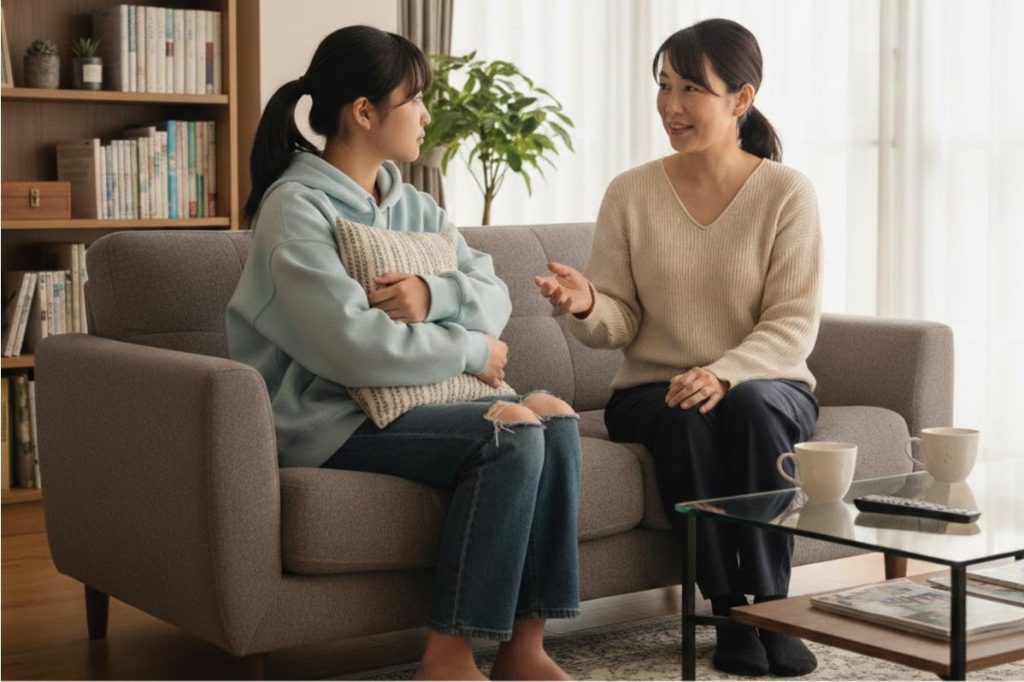 子供の話を聞く母親