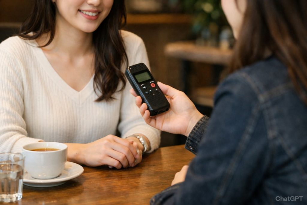 カフェでインタビューを受ける女性